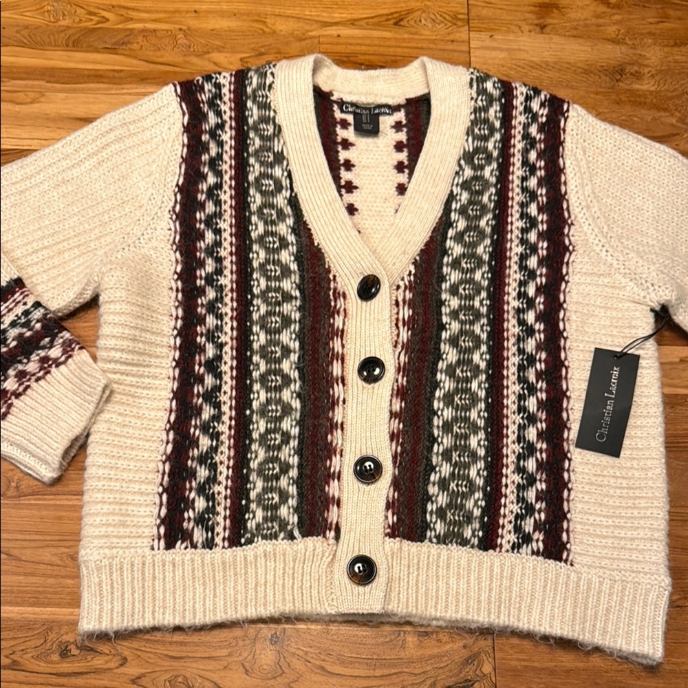 Christian Lacroix Cream and Burgundy Knit Cardigan. Size S. New w/tags